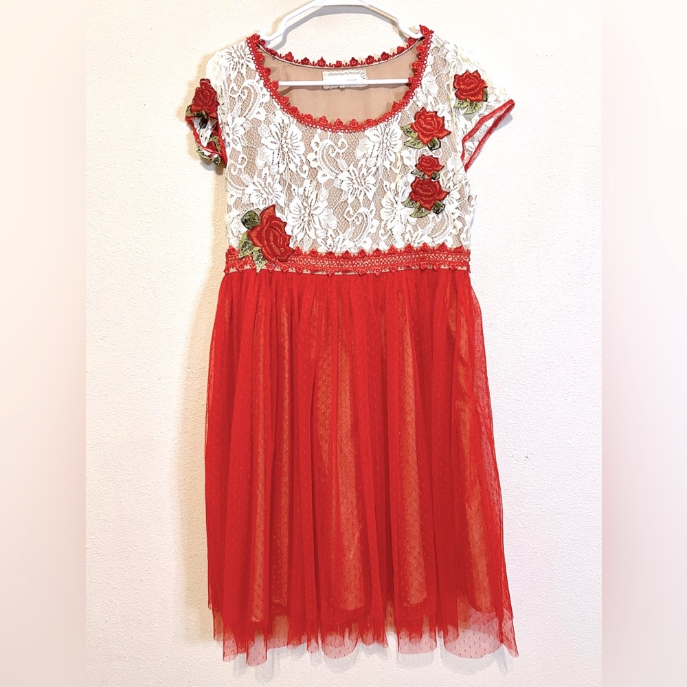 A'Reve Red and White Lace Midi Dress
